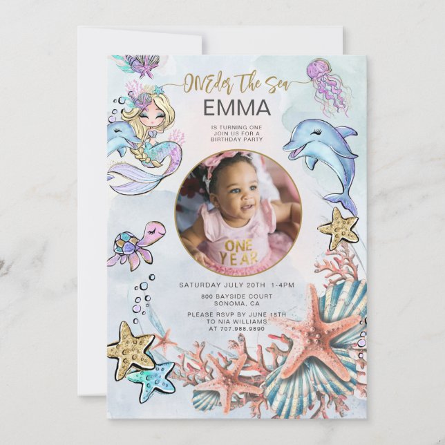 Mermaid 1st Birthday Party Photo ONEder The Sea  Invitation (Front)