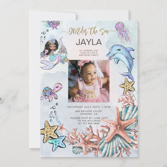 Mermaid 1st Birthday Party Photo ONEder The Sea  Invitation (Front)