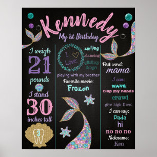 Mermaid 1st birthday Poster, Milestone chalkboard Poster