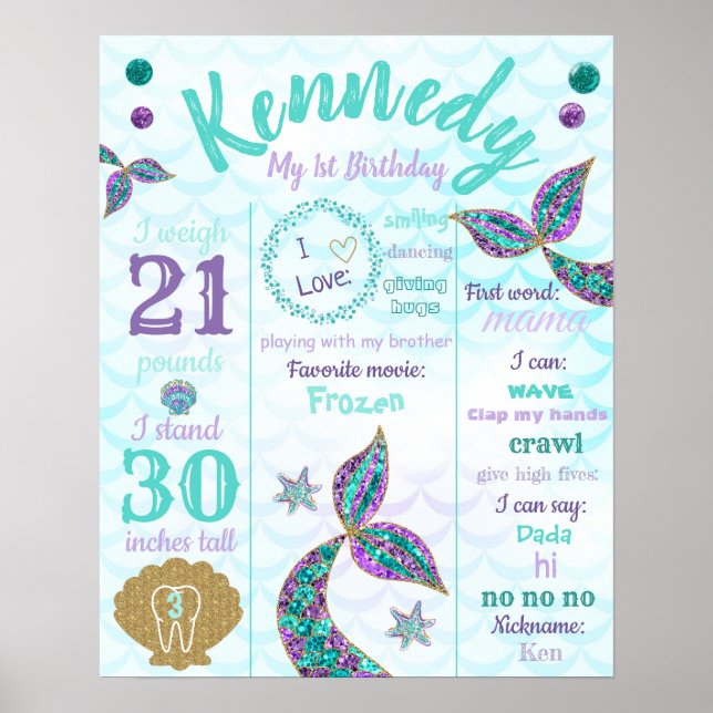Mermaid 1st birthday Poster, Milestone Sign (Front)