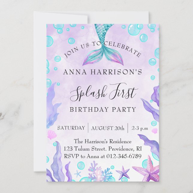 Mermaid 1st Birthday "Splash" Invitation (Front)