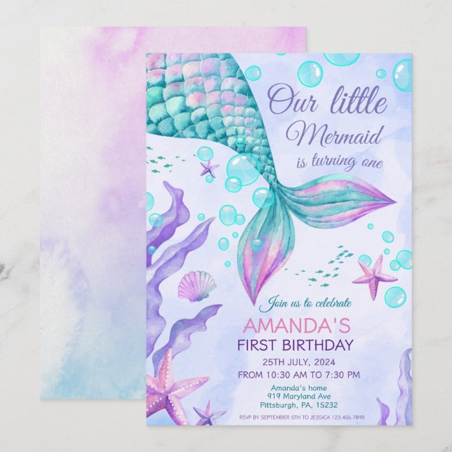 Mermaid 1st Birthday Under The Sea Mermaid Party Invitation (Front/Back)