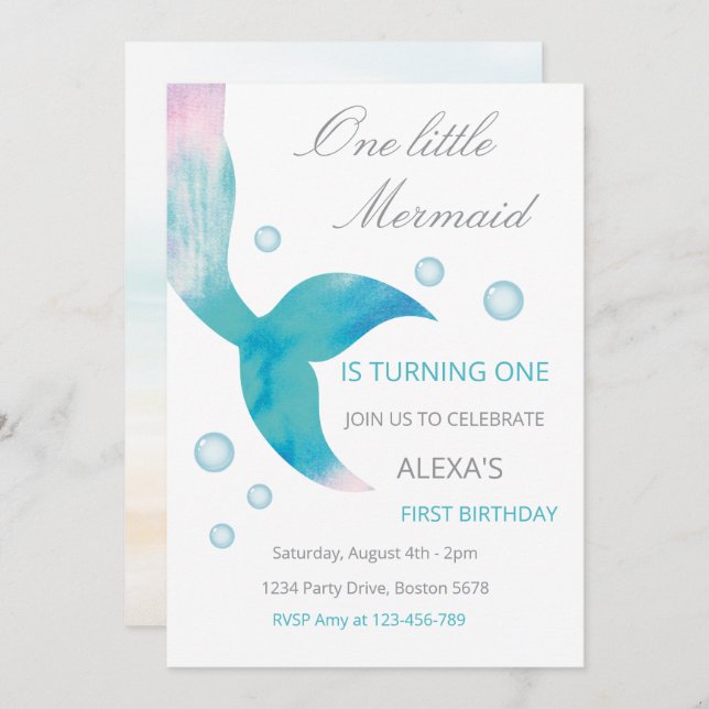 Mermaid 1st Birthday Under The Sea Mermaid Party  Invitation (Front/Back)