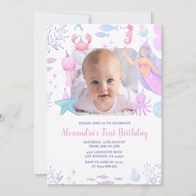 Mermaid 1st Birthday Under the Sea Photo Invitation (Front)