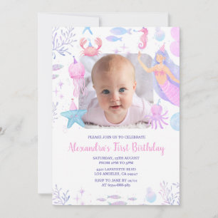 Mermaid 1st Birthday Under the Sea Photo Invitation
