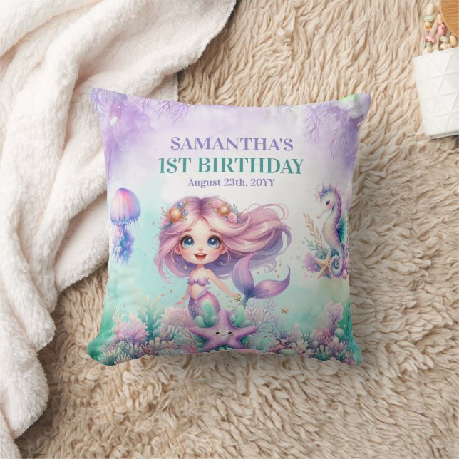Mermaid 1st birthday Under the Sea purple Cushion (Blanket)