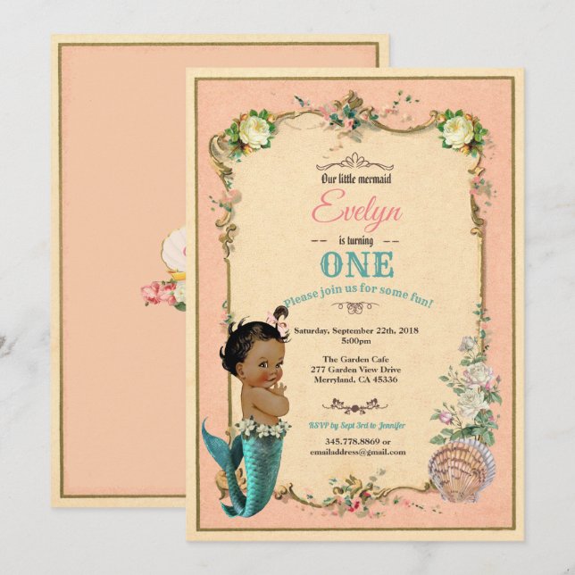 Mermaid 1st first birthday invitaion pink invitation (Front/Back)