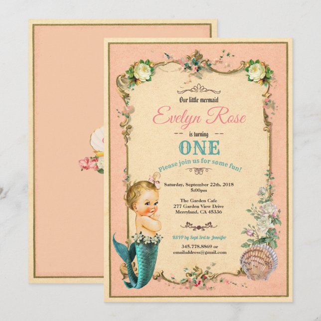 Mermaid 1st first birthday invitaion pink invitation (Front/Back)