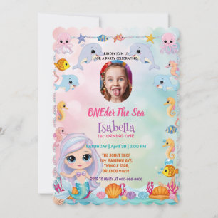 Mermaid 1st Photo Oneder Ocean birthday Invitation