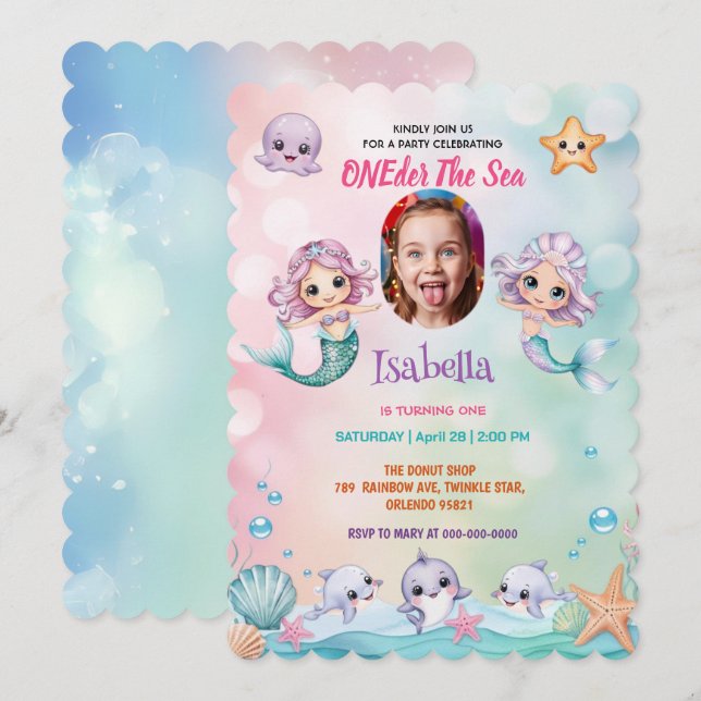 Mermaid 1st Photo Oneder Ocean birthday Invitation (Front/Back)