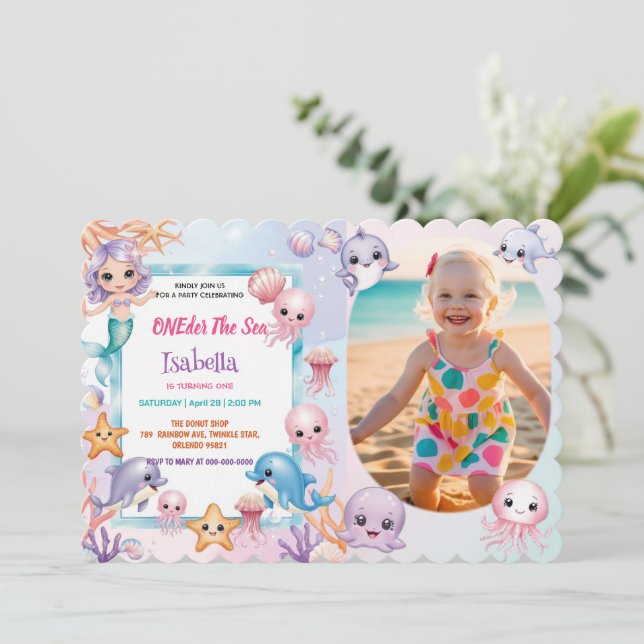 Mermaid 1st Photo Oneder Ocean birthday Invitation (Standing Front)