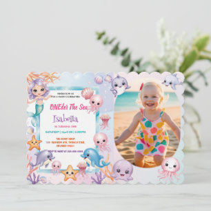 Mermaid 1st Photo Oneder Ocean birthday Invitation