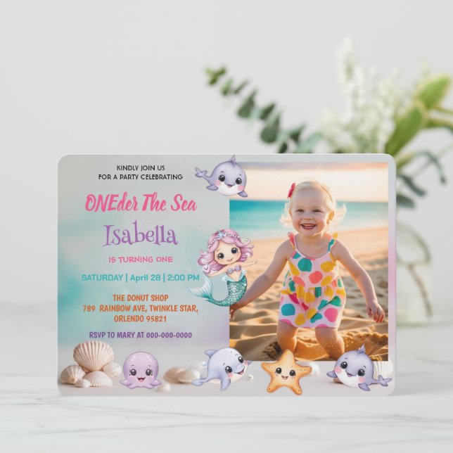Mermaid 1st Photo Under the sea birthday Invitation (Standing Front)