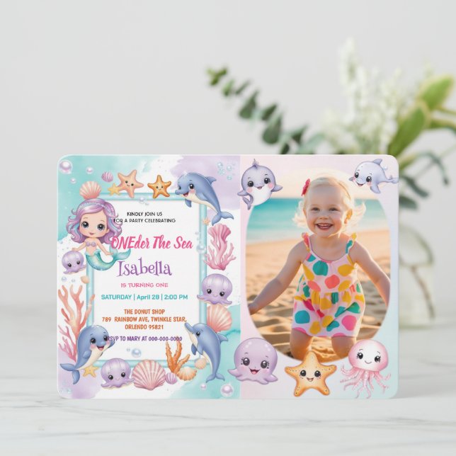 Mermaid 1st Photo Under the sea birthday Invitation (Standing Front)