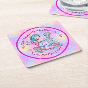 Mermaid 2nd Birthday Change Edit Text Personalise Square Paper Coaster