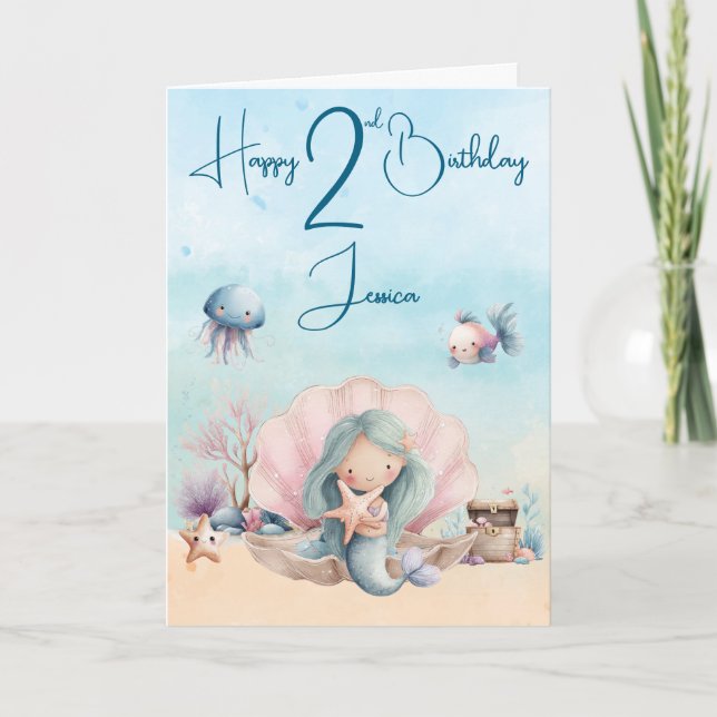 Mermaid 2nd Birthday Folded Greeting Card (Front)
