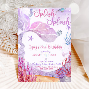 Mermaid 2nd Birthday Girl Splish Splash Party  Invitation