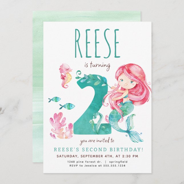 Mermaid 2nd Birthday Invitation (Front/Back)