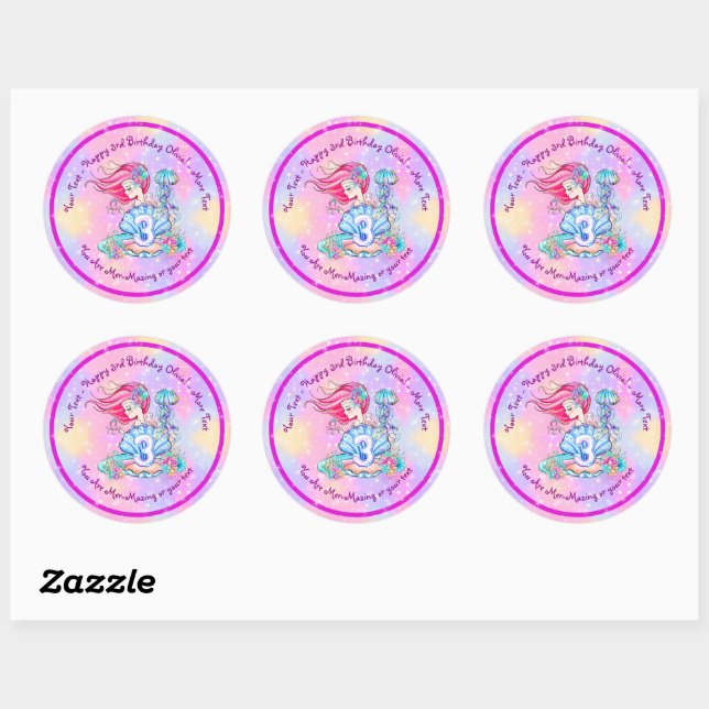 Mermaid 3rd Birthday Change Edit Text Personalise  Classic Round Sticker (Sheet)