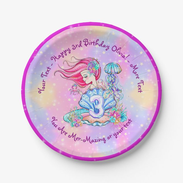 Mermaid 3rd Birthday Change Edit Text Personalise  Paper Plate (Front)