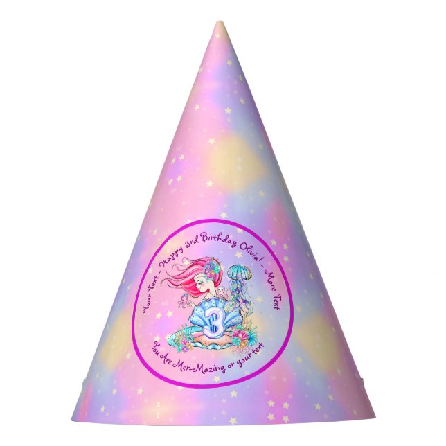Mermaid 3rd Birthday Change Edit Text Personalise  Party Hat (Front)