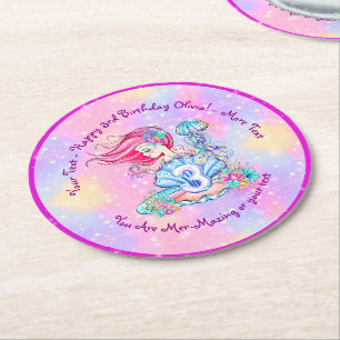 Mermaid 3rd Birthday Change Edit Text Personalise Round Paper Coaster