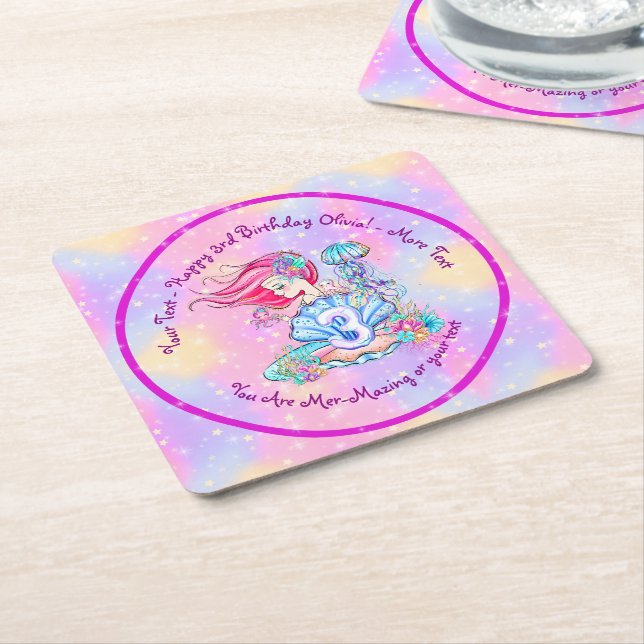 Mermaid 3rd Birthday Change Edit Text Personalise  Square Paper Coaster (Angled)