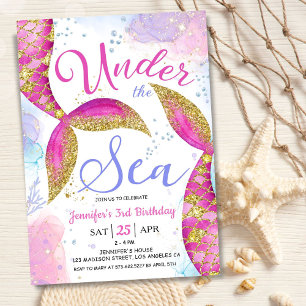 Mermaid 3rd Birthday Girl Pink Under the Sea Invitation