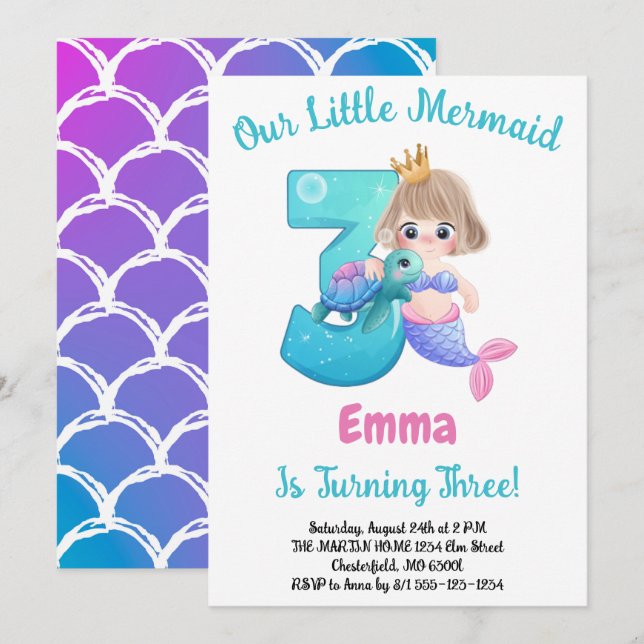 Mermaid 3rd Birthday Party Invitation (Front/Back)