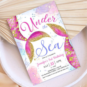 Mermaid 3rd Birthday Party Pink Girl Under the Sea Invitation