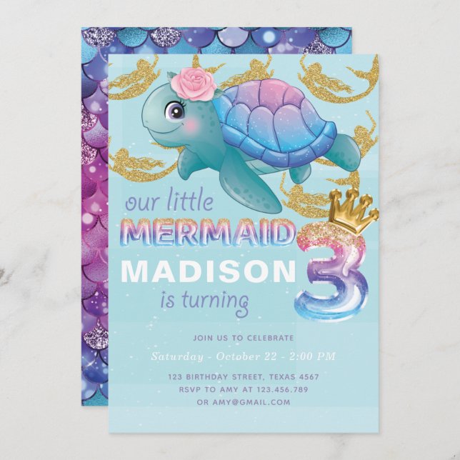Mermaid 3rd Birthday Pink Blue Gold Glitter Invitation (Front/Back)
