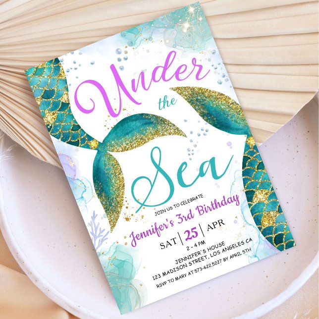 Mermaid 3rd Birthday  Purple Teal Under the Sea Invitation (Creator Uploaded)