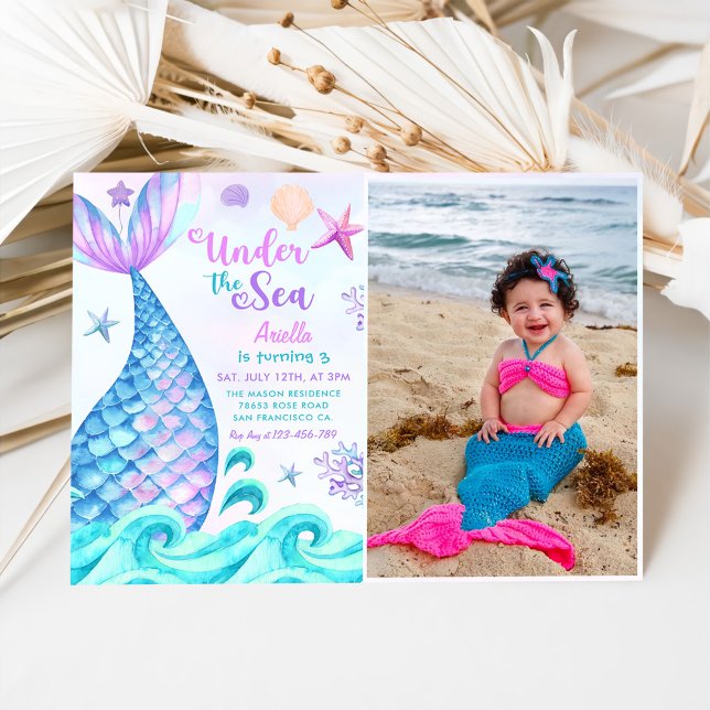 Mermaid 3rd Birthday Under The Sea Party Photo Invitation (Creator Uploaded)