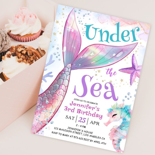 Mermaid 3rd Birthday Under The Sea Pink Purple Invitation (Creator Uploaded)