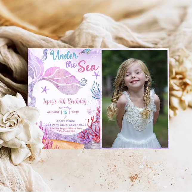 Mermaid 3th Birthday Under The Sea Party Photo Invitation (Creator Uploaded)