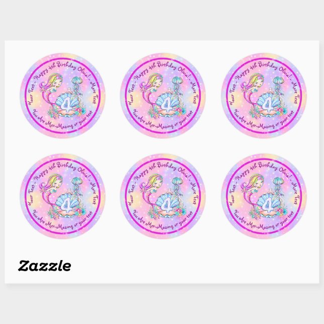 Mermaid 4th Birthday Change Edit Text Personalise  Classic Round Sticker (Sheet)