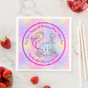 Mermaid 4th Birthday Change Edit Text Personalise  Napkin