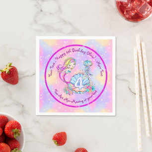 Mermaid 4th Birthday Change Edit Text Personalise  Napkin