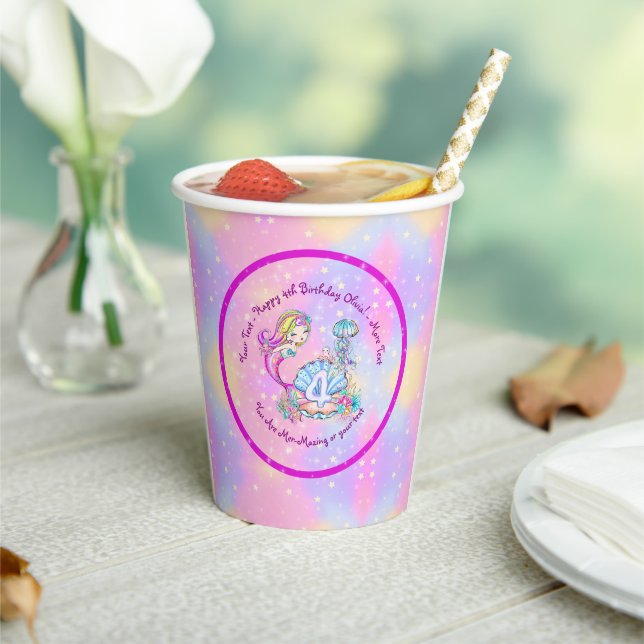 Mermaid 4th Birthday Change Edit Text Personalise  Paper Cups (Insitu)