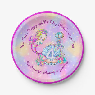 Mermaid 4th Birthday Change Edit Text Personalise  Paper Plate
