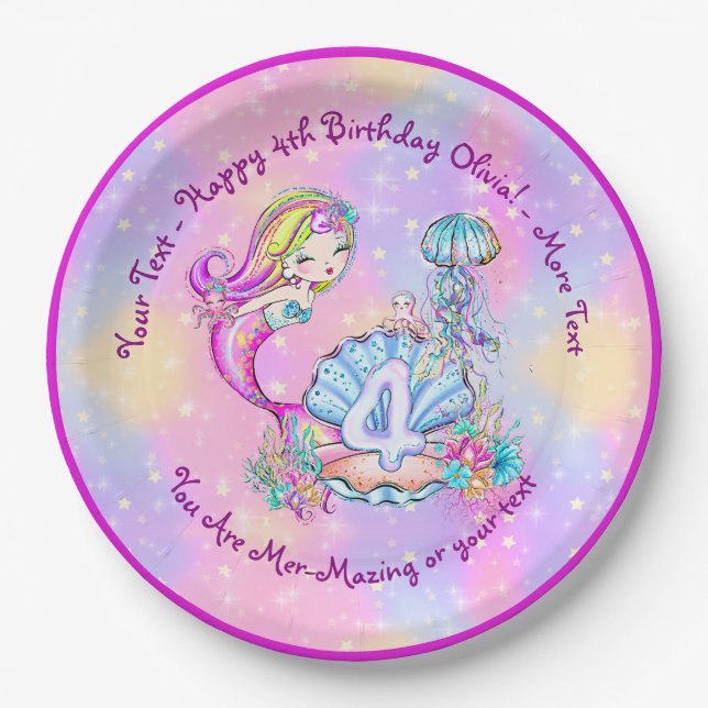 Mermaid 4th Birthday Change Edit Text Personalise  Paper Plate (Front)