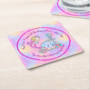 Mermaid 4th Birthday Change Edit Text Personalise Square Paper Coaster