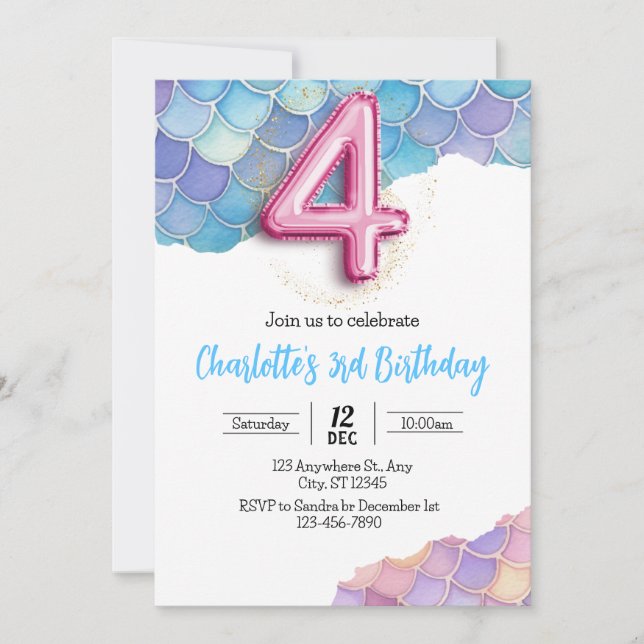 Mermaid 4th Birthday Invitation (Front)