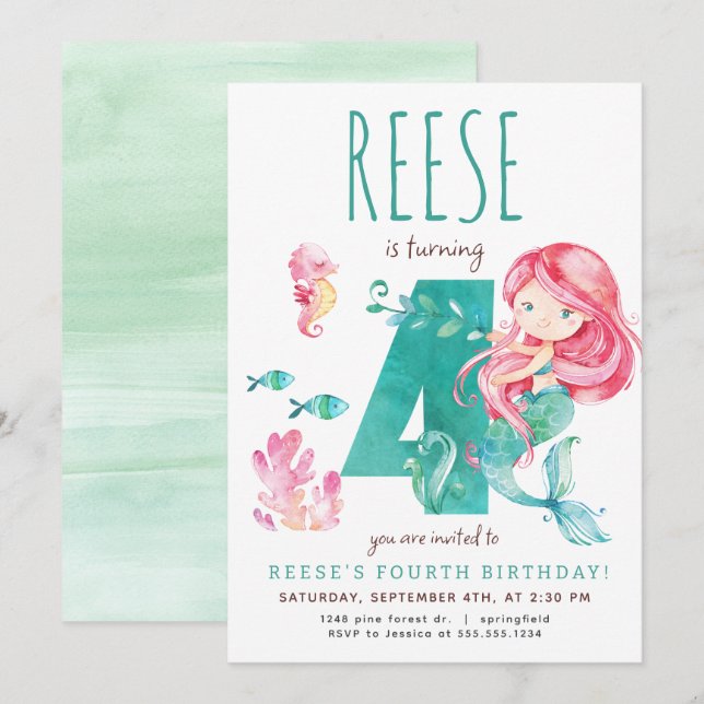 Mermaid 4th Birthday Invitation (Front/Back)