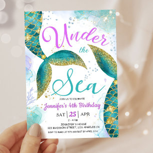 Mermaid 4th Birthday Invite Glitter Under the Sea