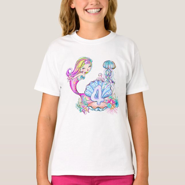 Mermaid 4th Birthday  T-Shirt (Front)