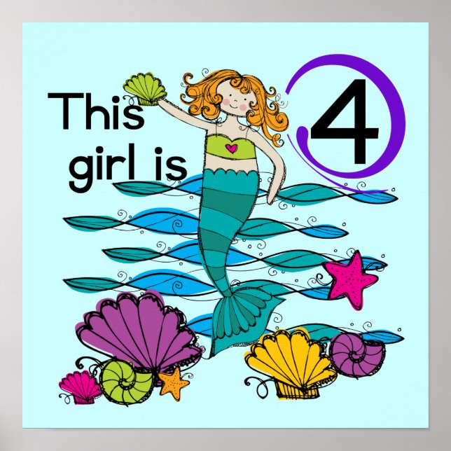 Mermaid 4th Birthday Tshirts and Gifts Poster (Front)