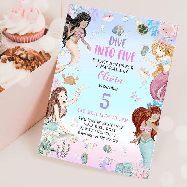Mermaid 5th Birthday Dive To Five Party Invitation (Creator Uploaded)
