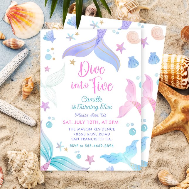 Mermaid 5th Birthday Dive To Five Party Invitation (Creator Uploaded)