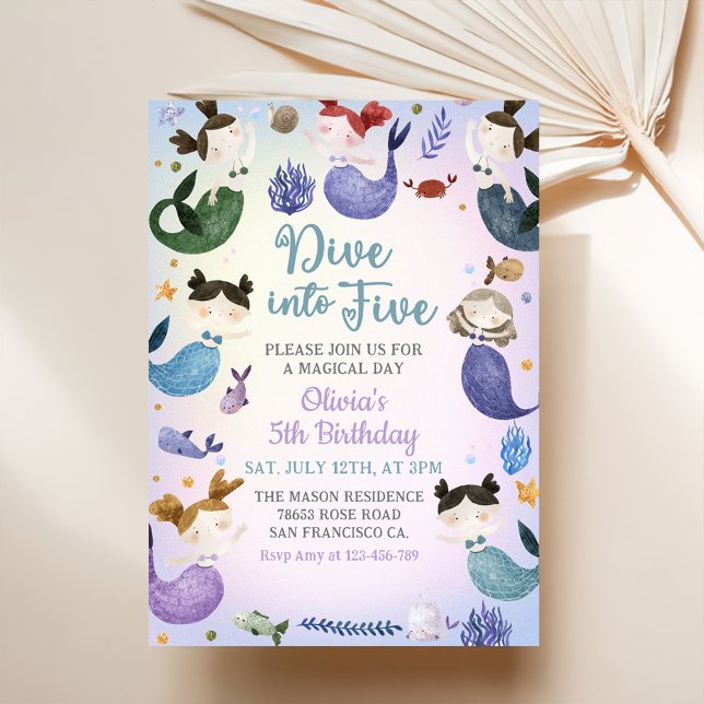 Mermaid 5th Birthday Dive To Five Party Invitation (Creator Uploaded)